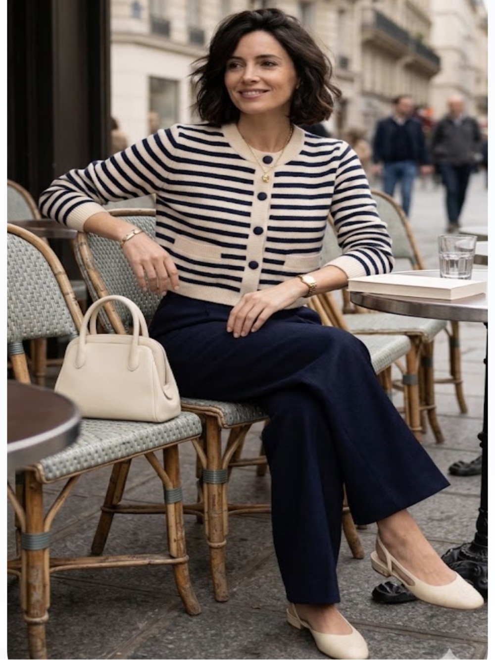 Striped Crewneck Cardigan - Cream & Navy